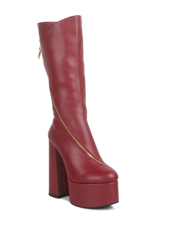 Tzar Faux Leather High Heeled Platfrom Calf Boots