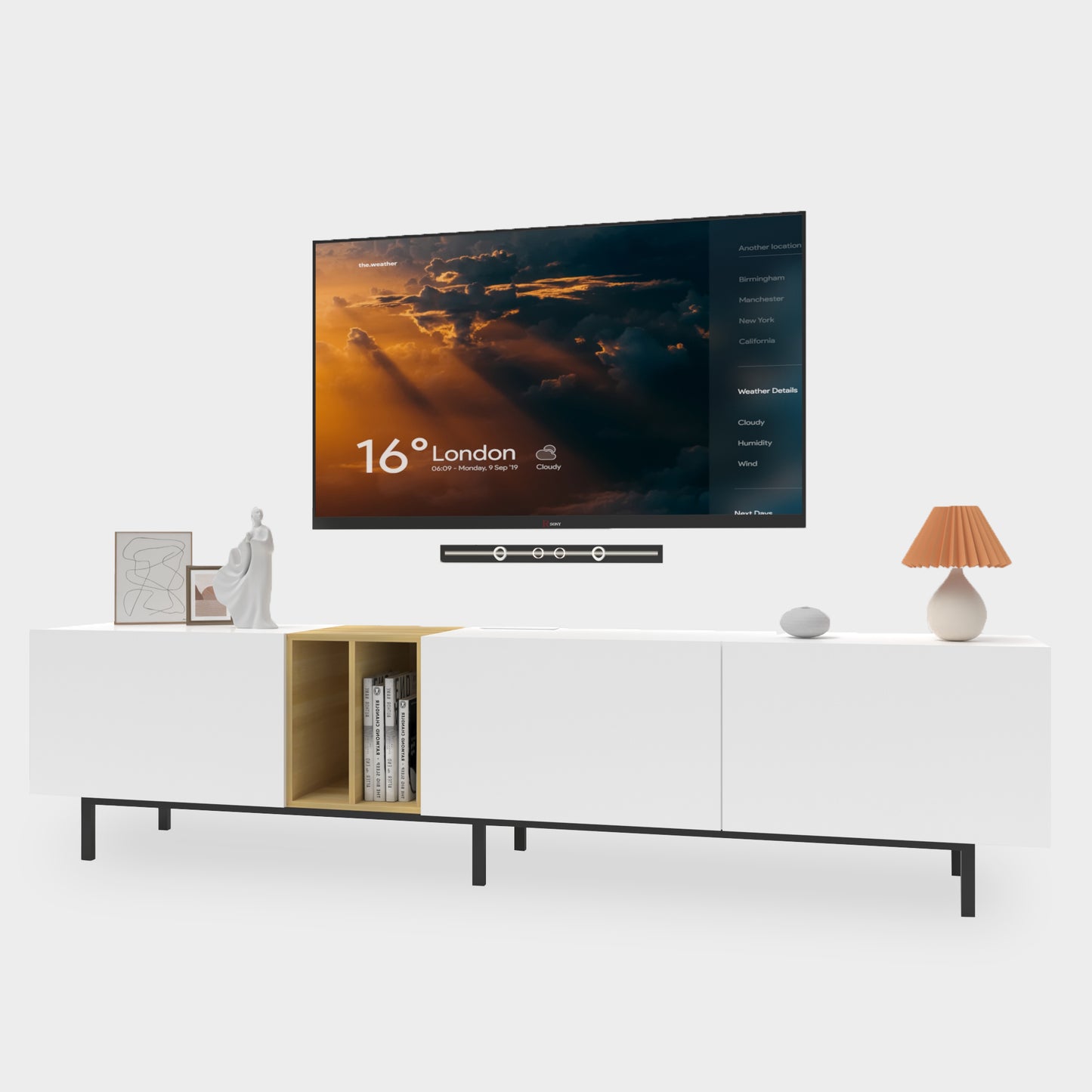 [Video] TV Console with Big Storage Cabinets, Modern TV Stand with Yellow and Ivory Contrasting Colors, Wireless Charging Entertainment Center for Living Room and Bedroom(White, for 80 inches)