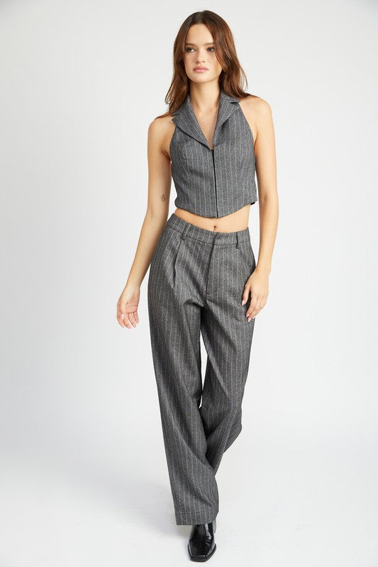 HALTER NECK PINSTRIPE TOP WITH OPEN BACK
