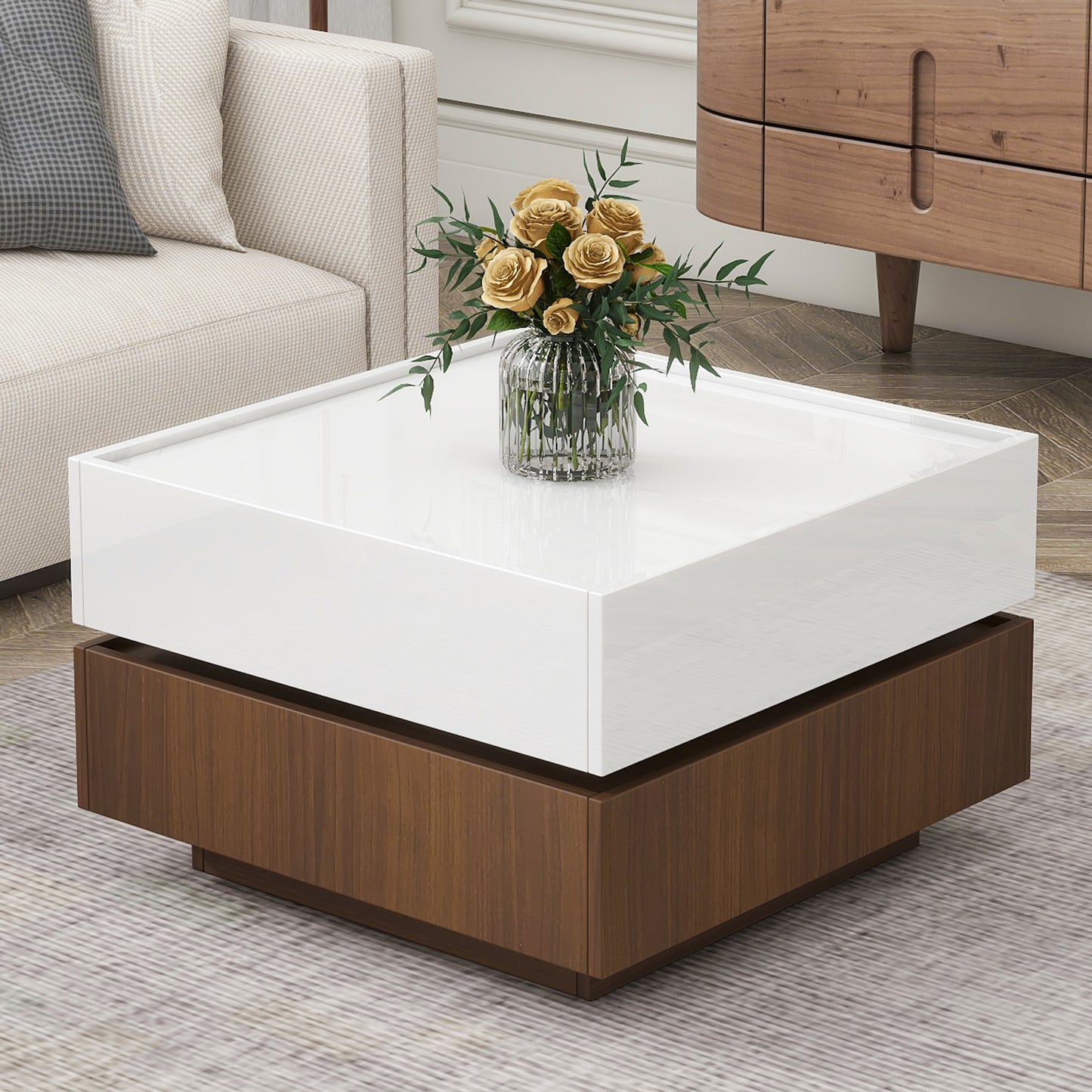 ON-TREND Square 360°Rotating Coffee Table with 2 Drawers, High Gloss 2-Tier Center Table with Swivel Tabletop and Storage, Walnut Table Frame Side Table for Living Room, White