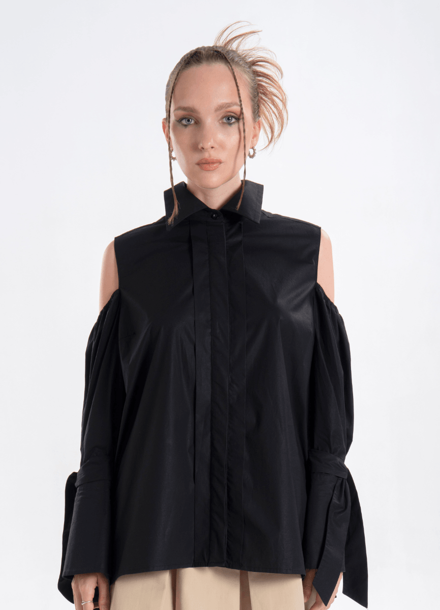 Quarta Open Shoulders Black Premium Poplin Shirt