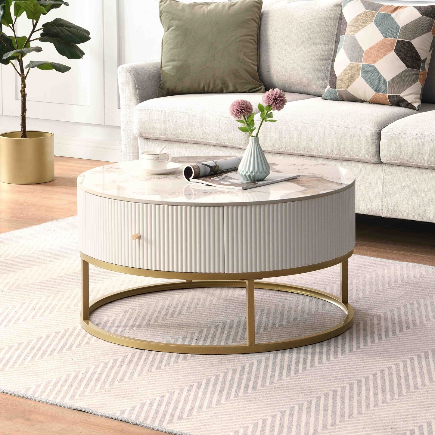 31.5 Inch Modern Round Coffee Table with Drawers, Marble Table with Storage, Coffee Table for Living Room