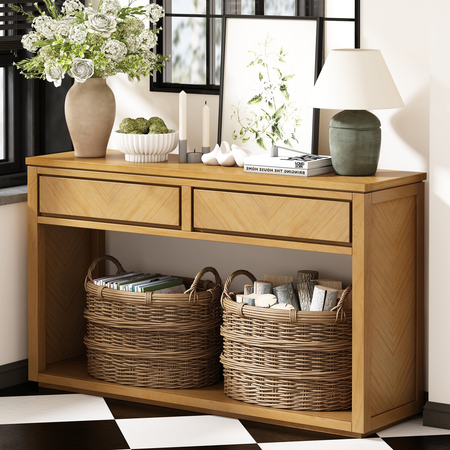 TREXM 55' Console Table, Rustic Wooden Entryway Table with Storage Drawers and Open Shelf, Elegant Sofa Table for Hallway and Living Room (Natural)