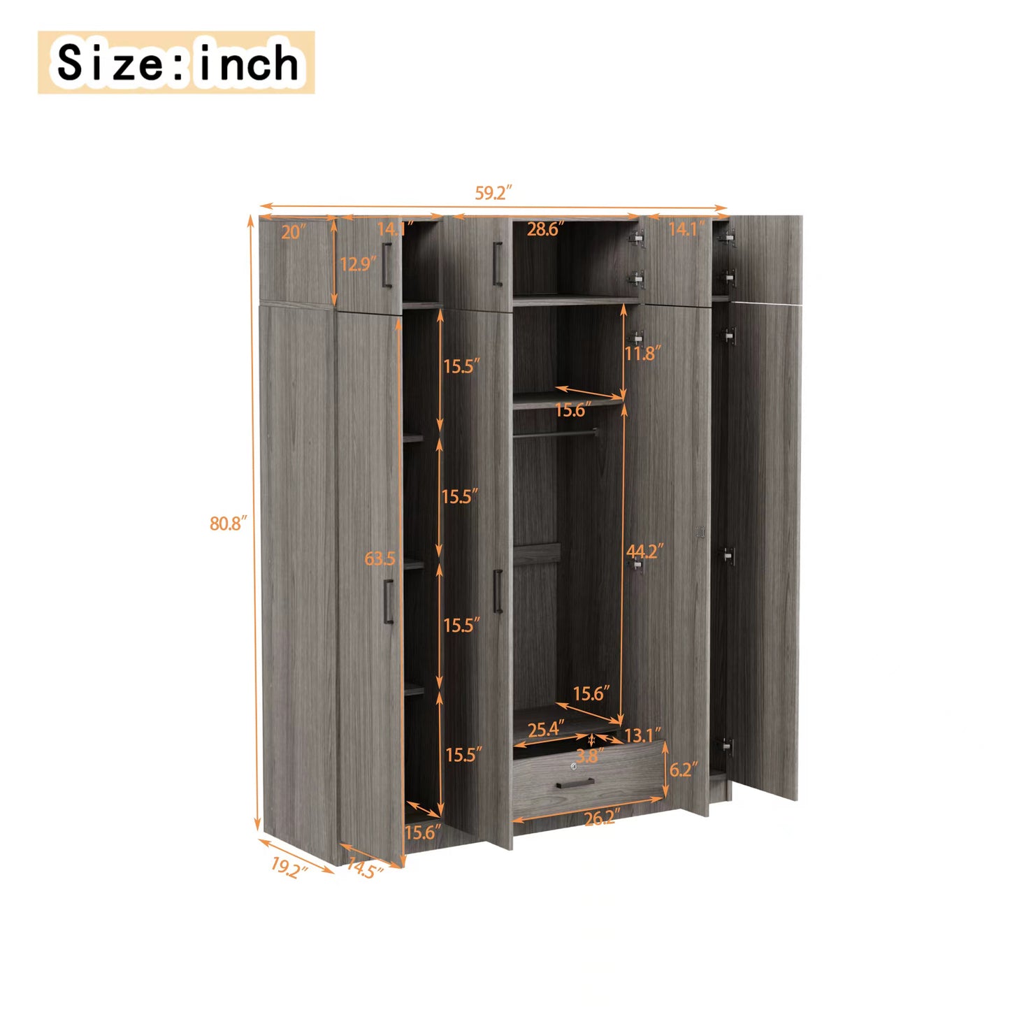 4-Door Wardrobe with 1 Drawer and Top Cabinet , Gray