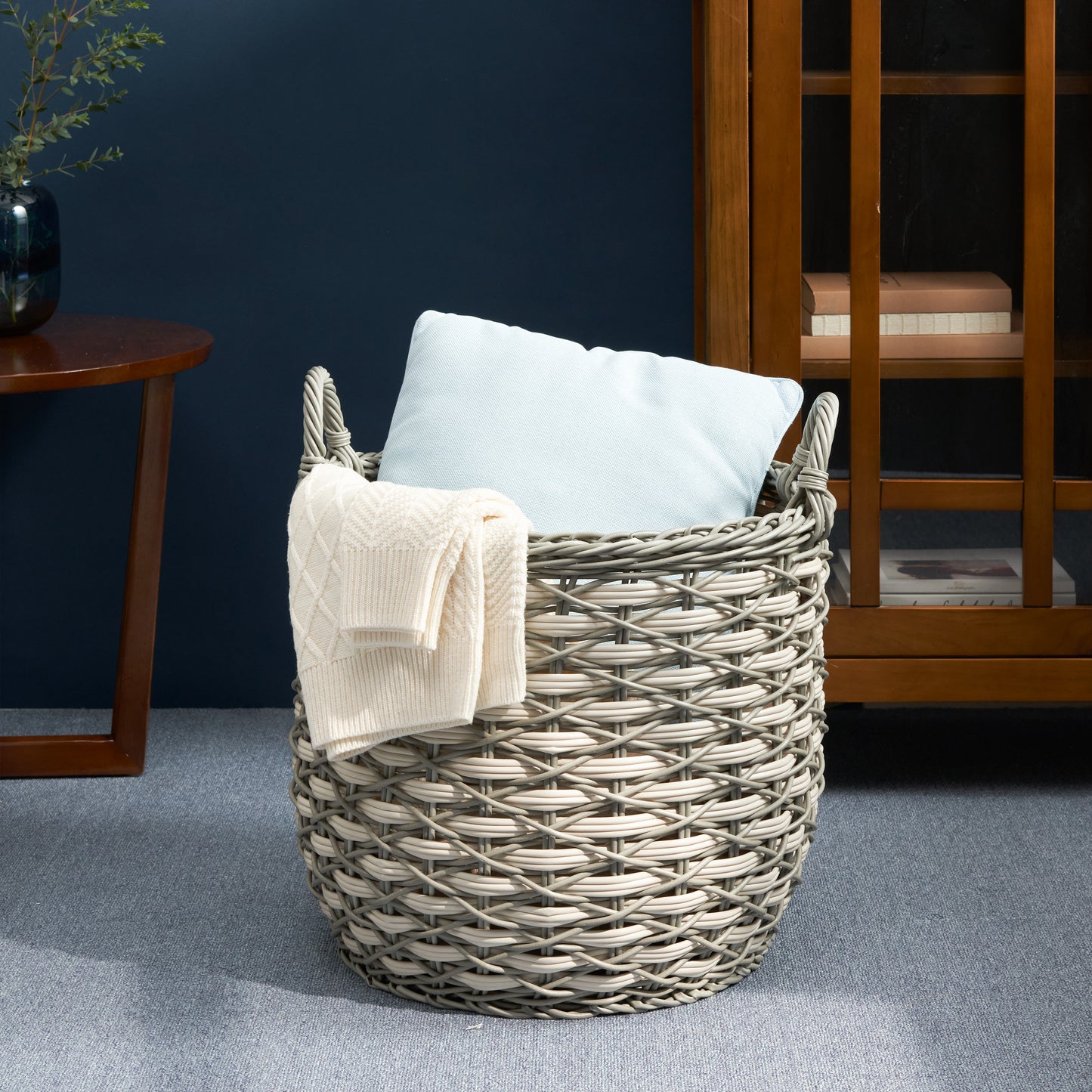 Zita Round Resin Woven Wicker Multi-Use Storage Basket with Handles - 18" x 18" x 19.6" - White-Gray - For Towel, Toys, Magazines Storage and Home Decoration