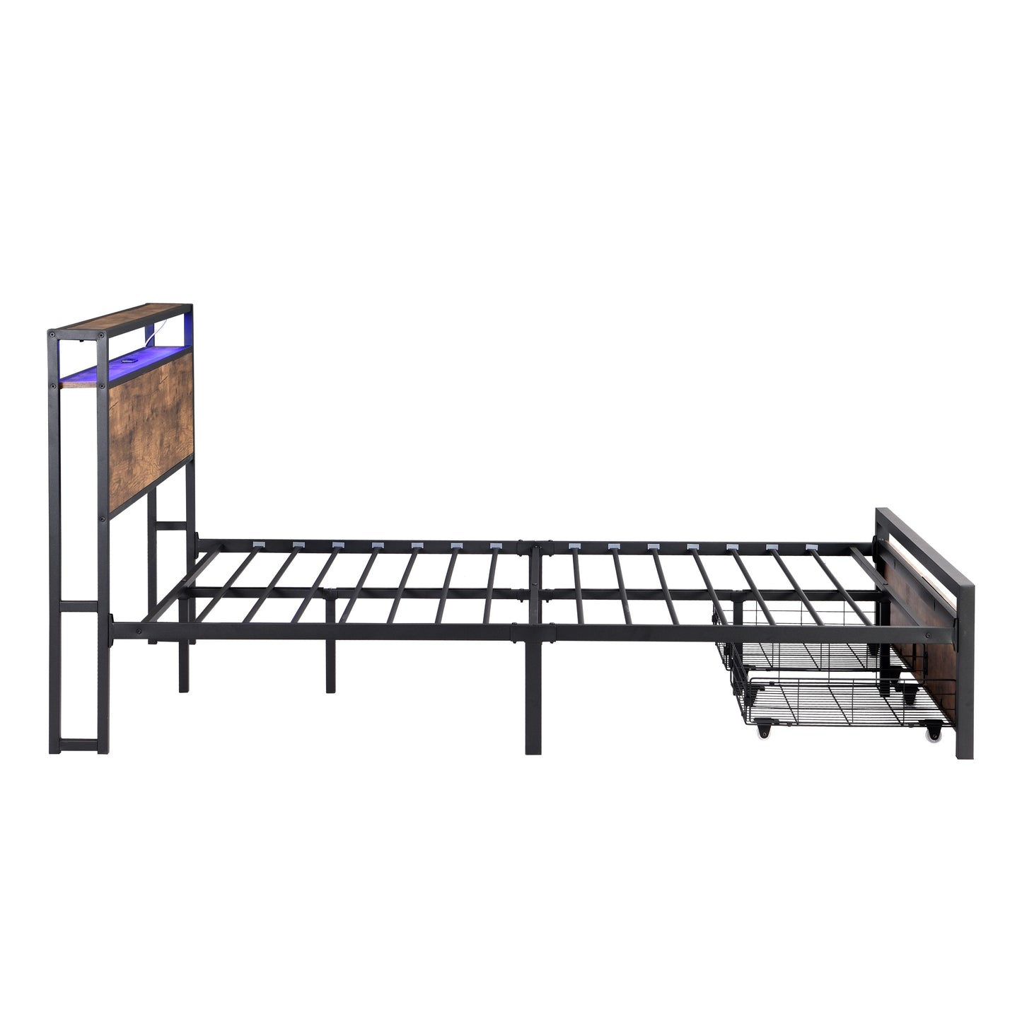 Full Size Bed Frame with Storage Headboard and 2 Drawers, LED Lights Bed with Charging Station, Metal Platform Bed No Noise, Mattress Foundation Strong Metal Slats Support No Box Spring Needed