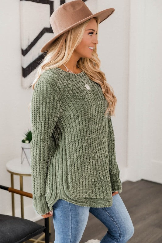 Women Long Sleeve Round Hem Cable Knit Sweater