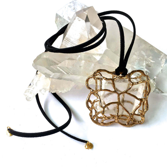 Icelandic Spar Pendant Necklace in Gold Metal Cage with Thin Ties