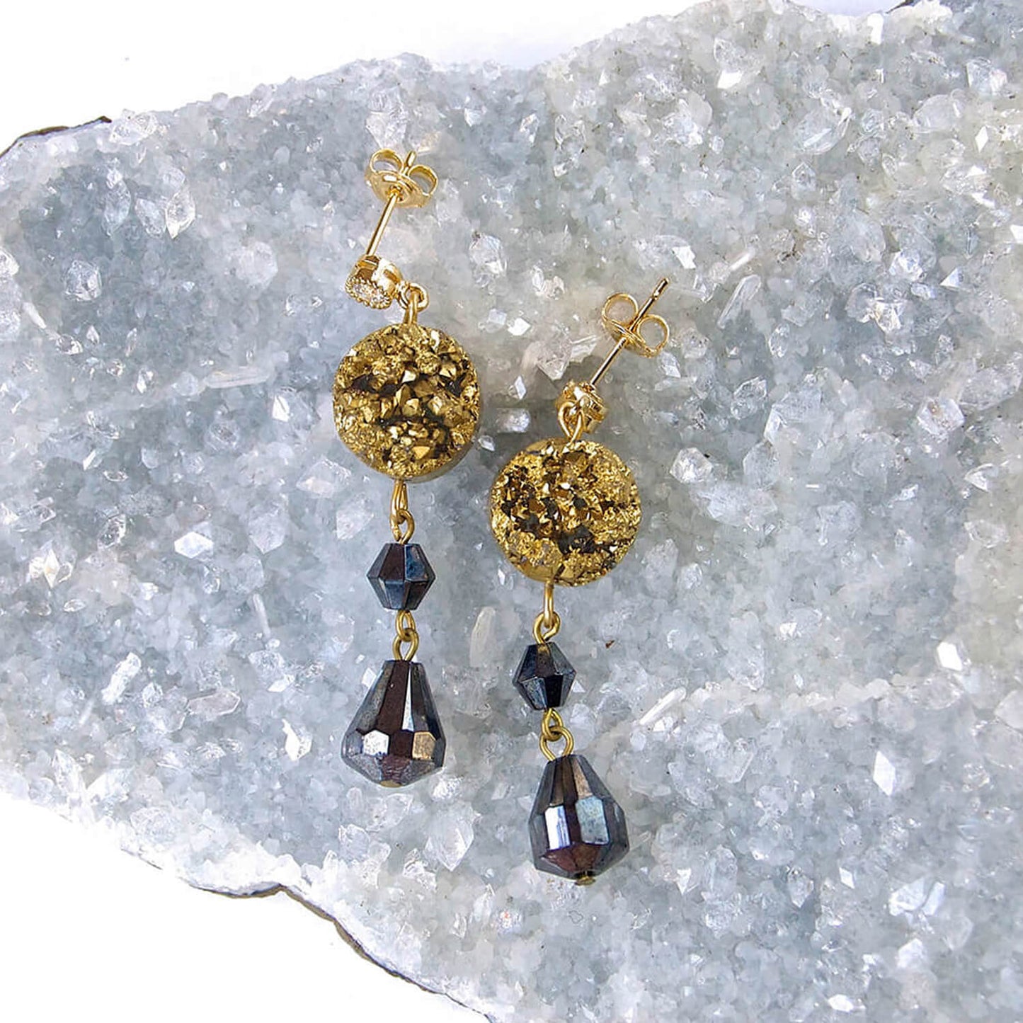 Gold Druzy Triple Tier Earrings