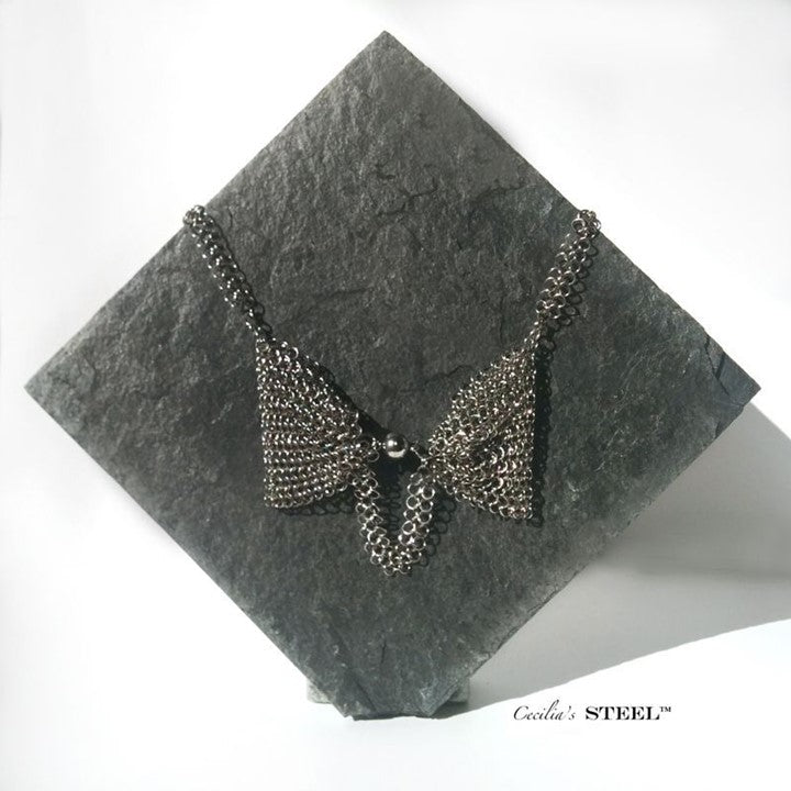 Steel Pearl Bow Tie Necklace