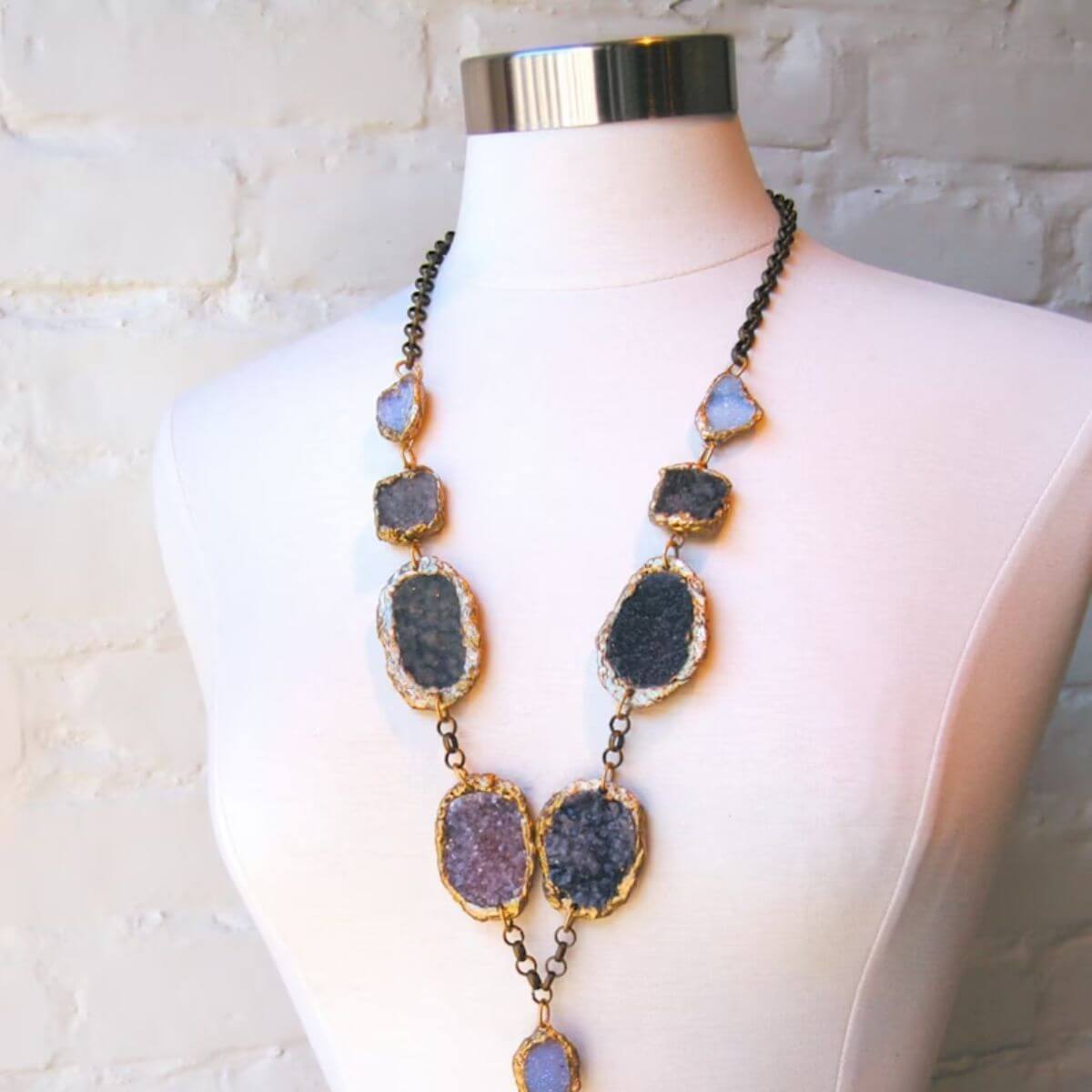 Druzy Necklace with Semi Precious Raw Minerals, Spodumene and Amethyst