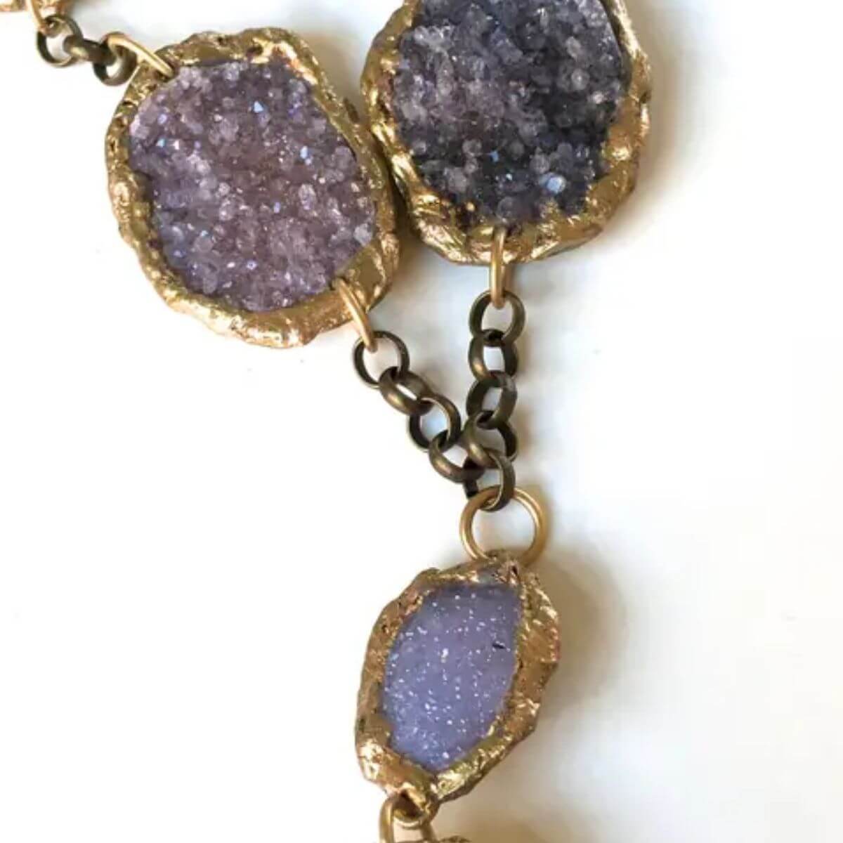 Druzy Necklace with Semi Precious Raw Minerals, Spodumene and Amethyst