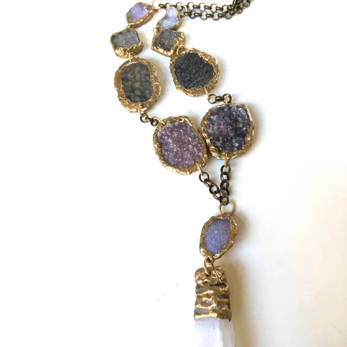 Druzy Necklace with Semi Precious Raw Minerals, Spodumene and Amethyst