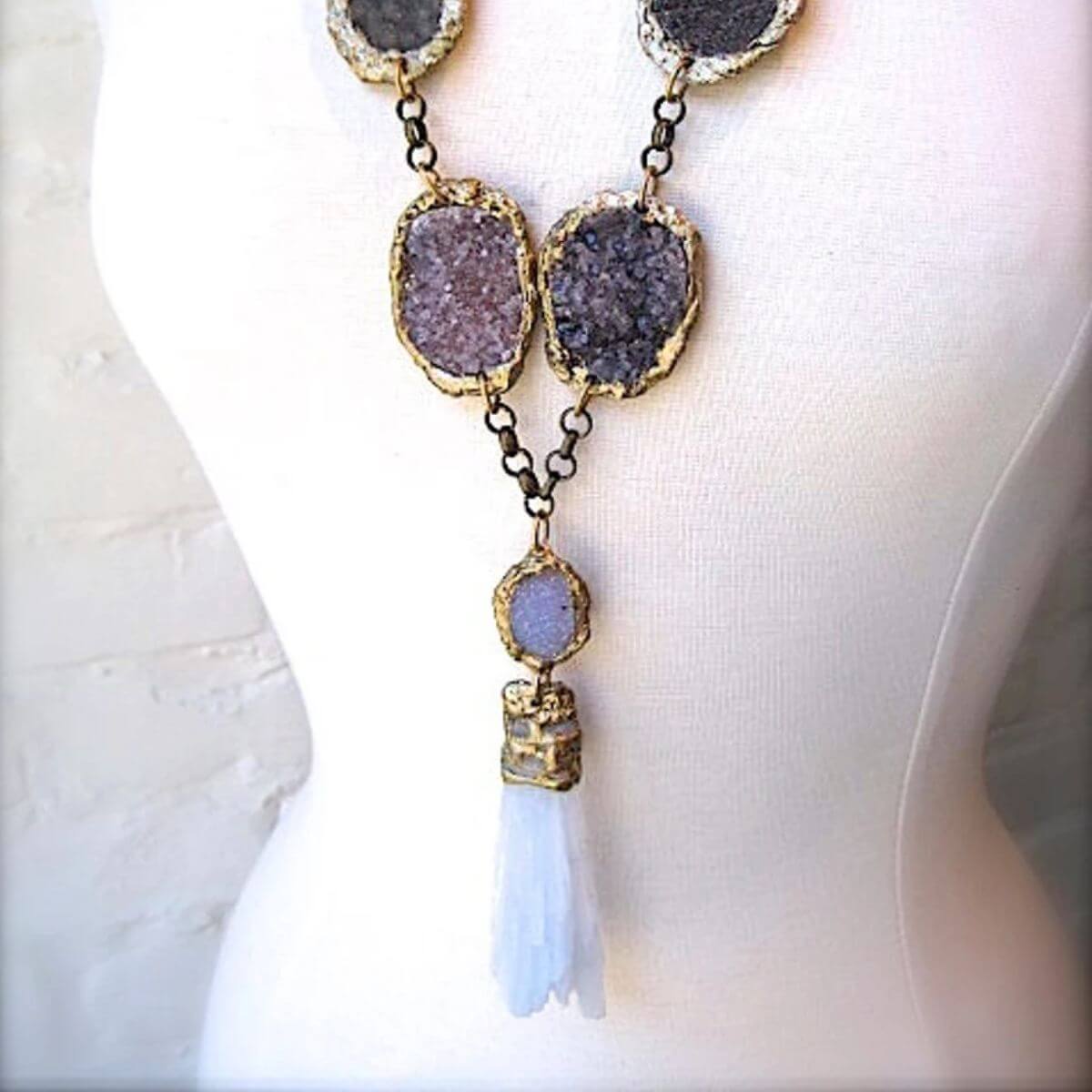 Druzy Necklace with Semi Precious Raw Minerals, Spodumene and Amethyst