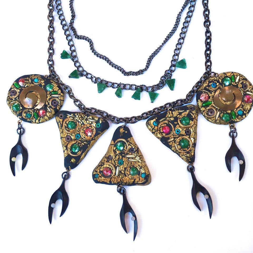 Metallic Gold and Black Art Nouveau Necklace with Green Jade