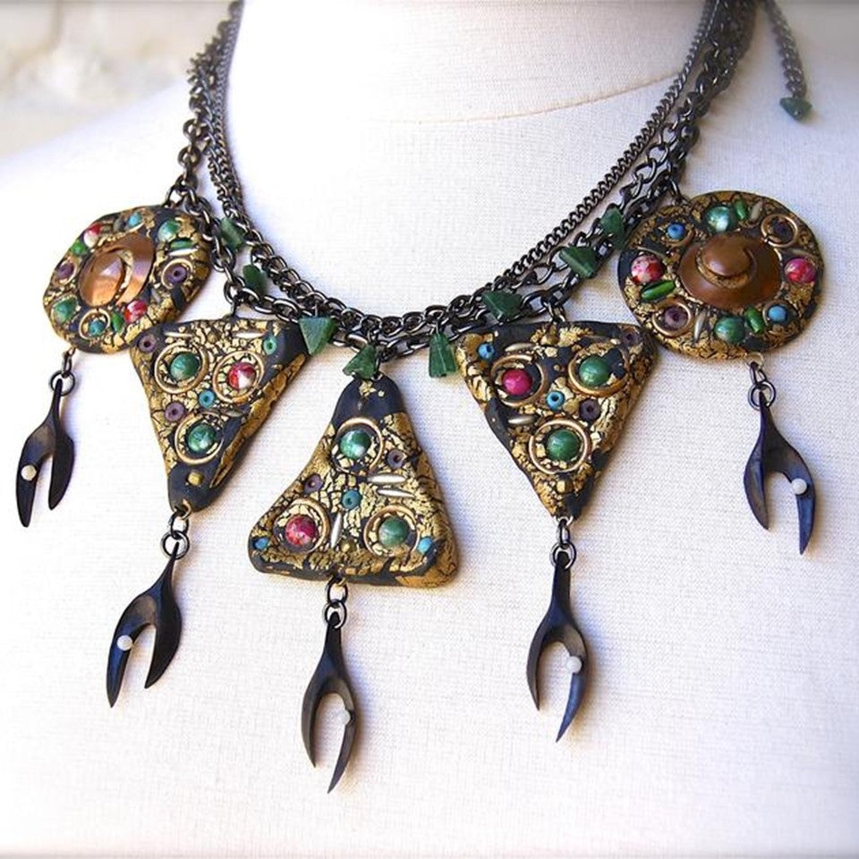 Metallic Gold and Black Art Nouveau Necklace with Green Jade