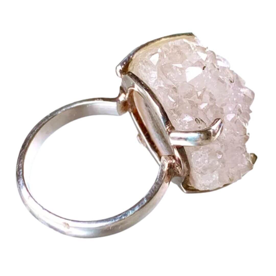 Pink Crystal Quartz Druzy Sterling Silver Mineral Ring|Size 6