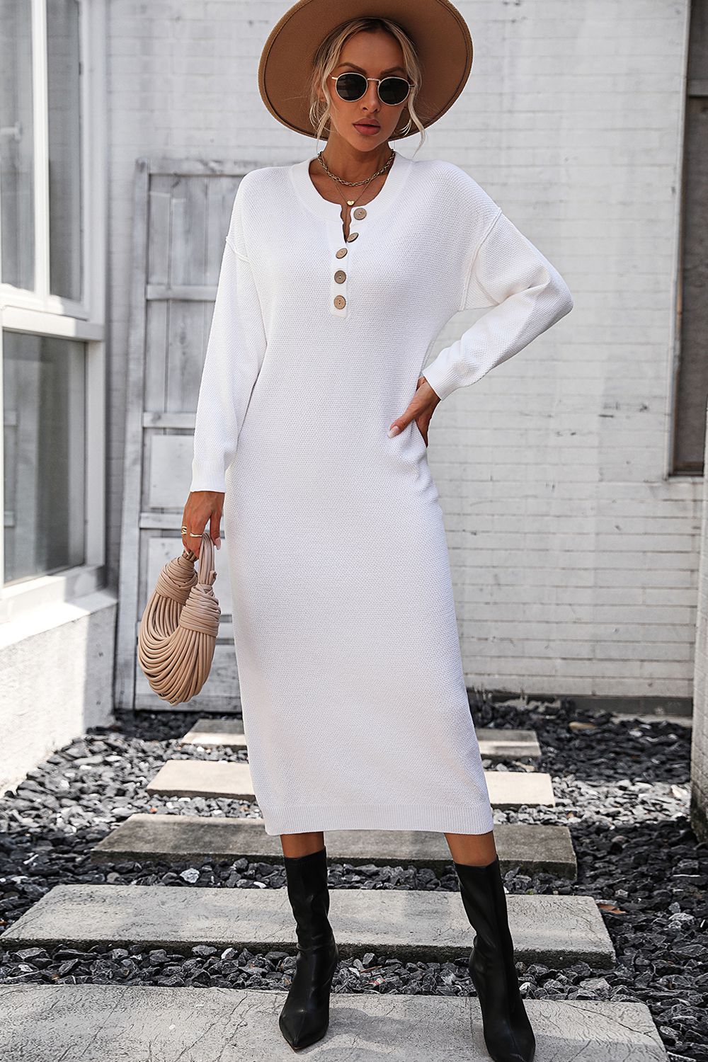 Notched Neck Dropped Shoulder Button-Down Midi Dress