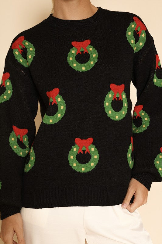 All over wreath holiday knit sweater