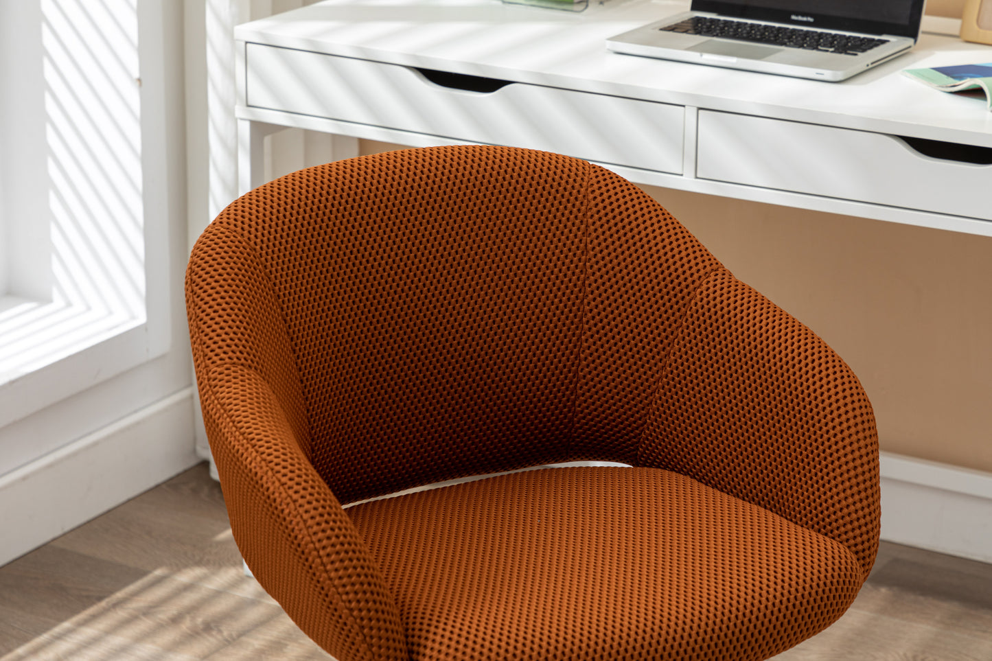 047-Mesh Fabric Home Office 360°Swivel Chair Adjustable Height With Gold Metal Base,Caramel