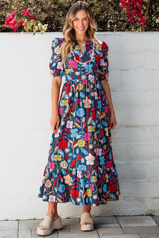 Women Retro Floral Printed Split Neck Maxi Dress