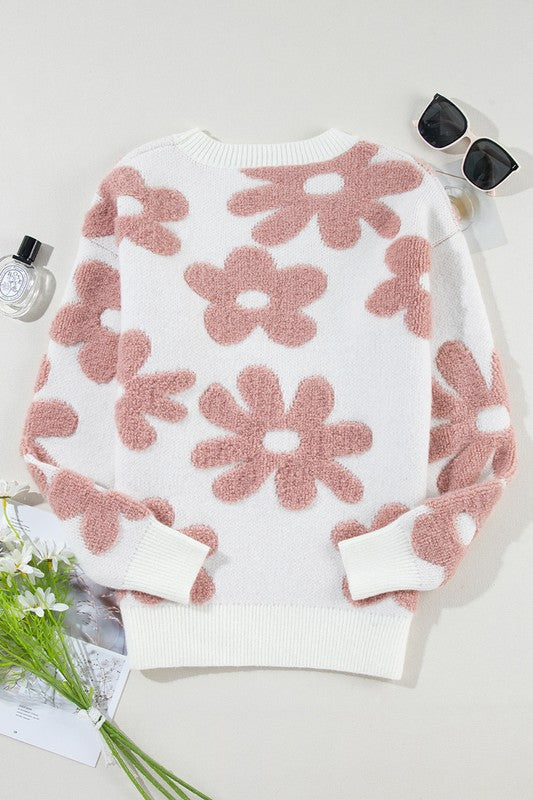 Women Flower Drop Shoulder Loose Sweater