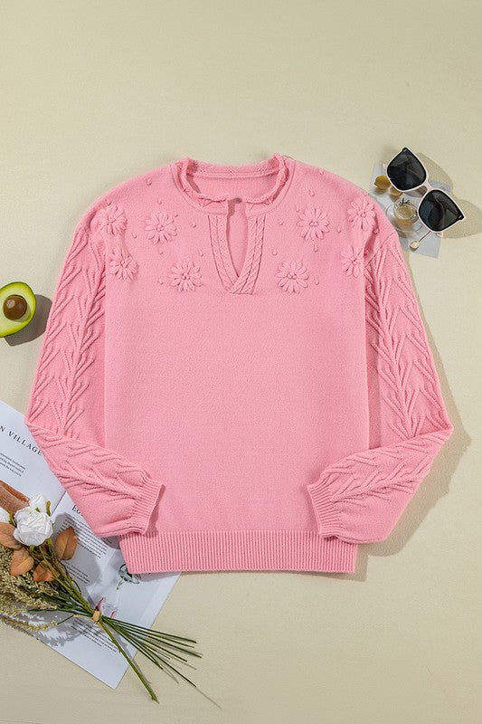 Women Flower Detail Knitted Notched Neck Sweater