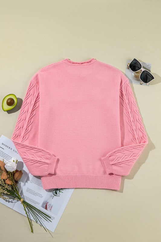 Women Flower Detail Knitted Notched Neck Sweater