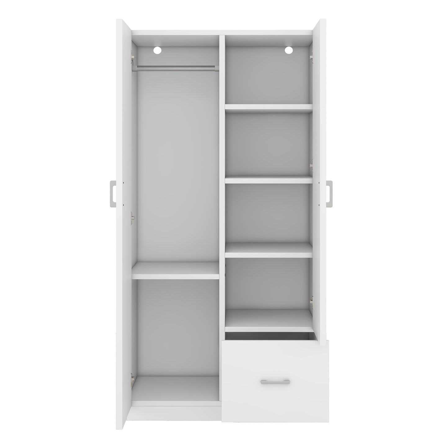 Wooden Wardrobe with Double Doors, Armoire with Hanging Rod, 5 Fixed Shelves, One Storage Drawer,White