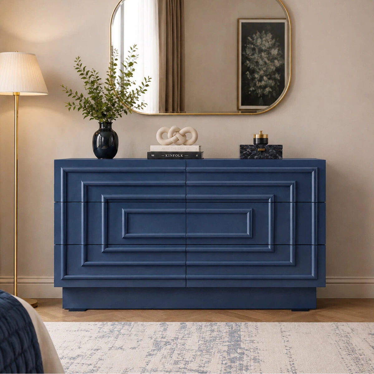 Mid Century 6-Drawer Dresser for Bedroom, 57.2' Wide Modern Push-to-Open Chest of Drawers, TV Stand for Living Room, Thickened Base,Vanity Desk, Drawers Organizer Furniture, Hallway,Deep Sea Blue