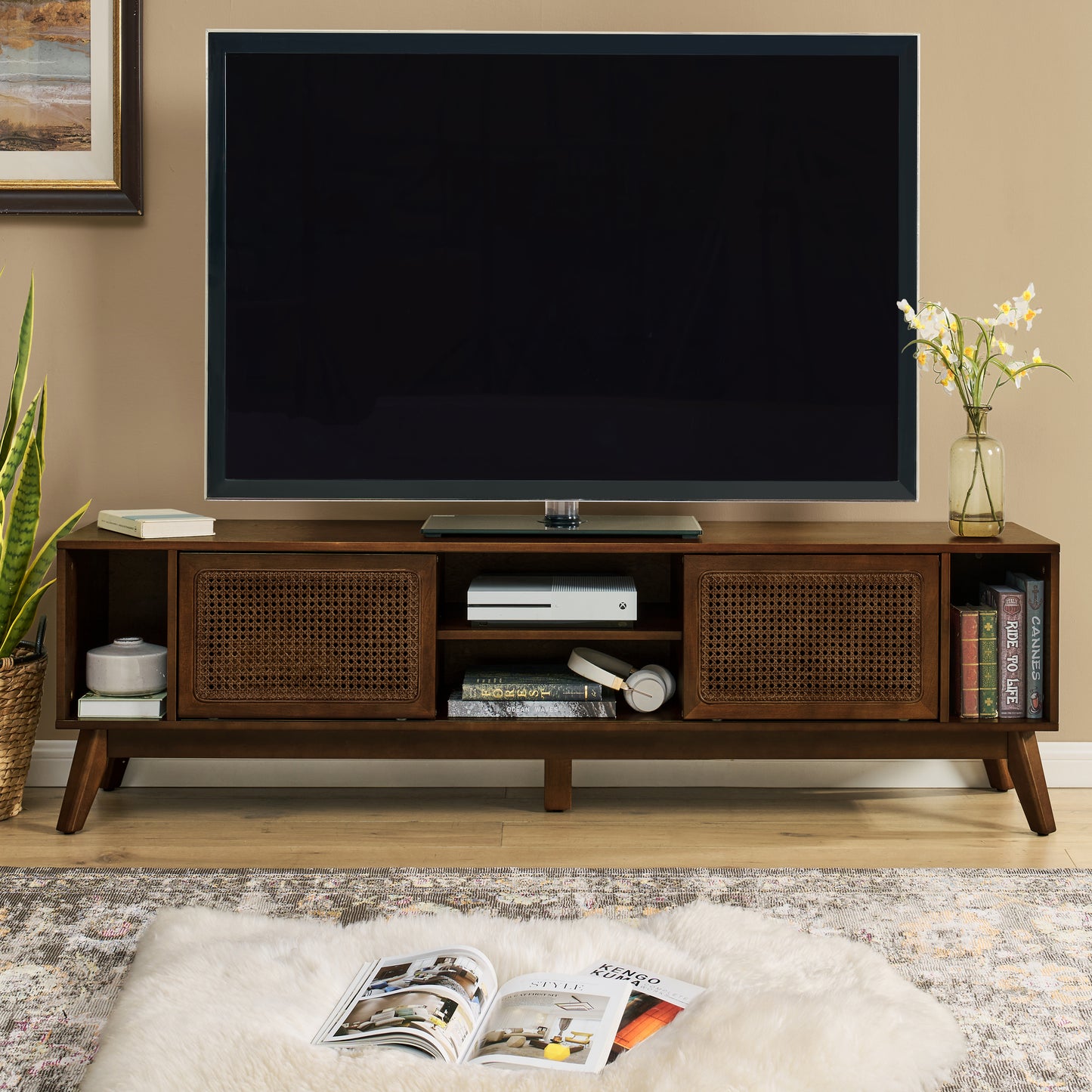 67.9 Inch Mid Century Modern Rattan TV Stand for TVs up to 75', Entertainment Cabinet, Media Console for Living Room Media Room, Solid Wood Feet & Rattan Cabinet Doors - Walnut