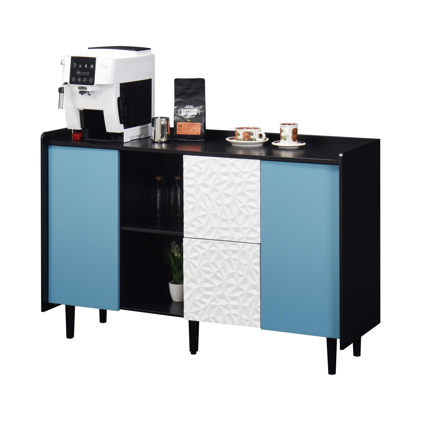 Sideboard Buffet Cabinet, Black Storage Cabinet with Blue Doors , 2 Drawers with unique panel styling and 2 Open Storage Compartment, Modern Coffee Bar Cabinet Accent Cabinet for Kitchen, Dining Room,