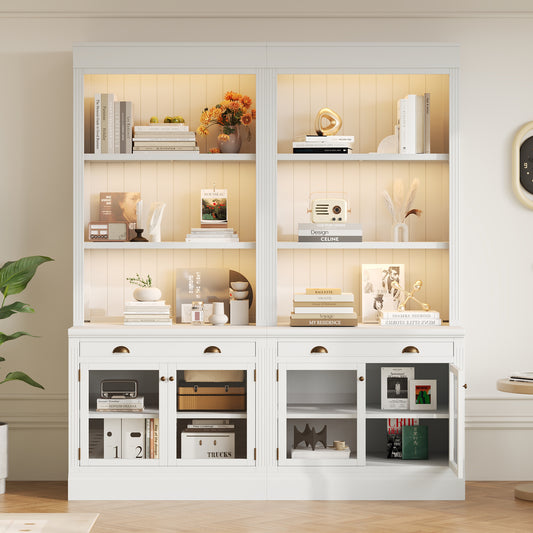 83.4'Tall Bookshelf Suite with LED Lighting, Modern Bookcases with Glass Doors and Drawers,2-Piece Set Storage Bookcase Suite with Open Shelves for Living Room,Home Office,White