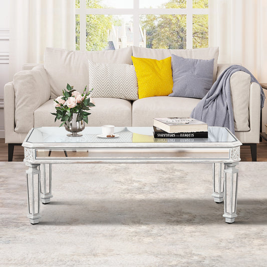 Silver Mirrored Coffee Table, Vintage Carved Elements, Rectangle Glass Tea Table with Mirrored Finish, Modern Center Table for Living Room and Office (24" D x 48" W x 18" H)