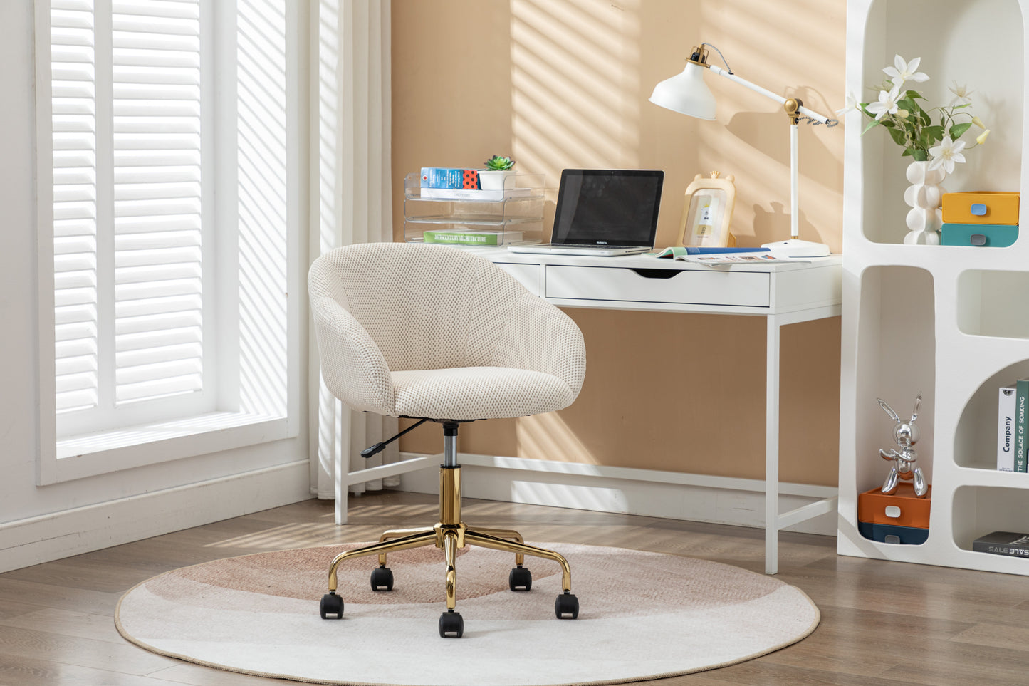 047-Mesh Fabric Home Office 360°Swivel Chair Adjustable Height With Gold Metal Base,Beige