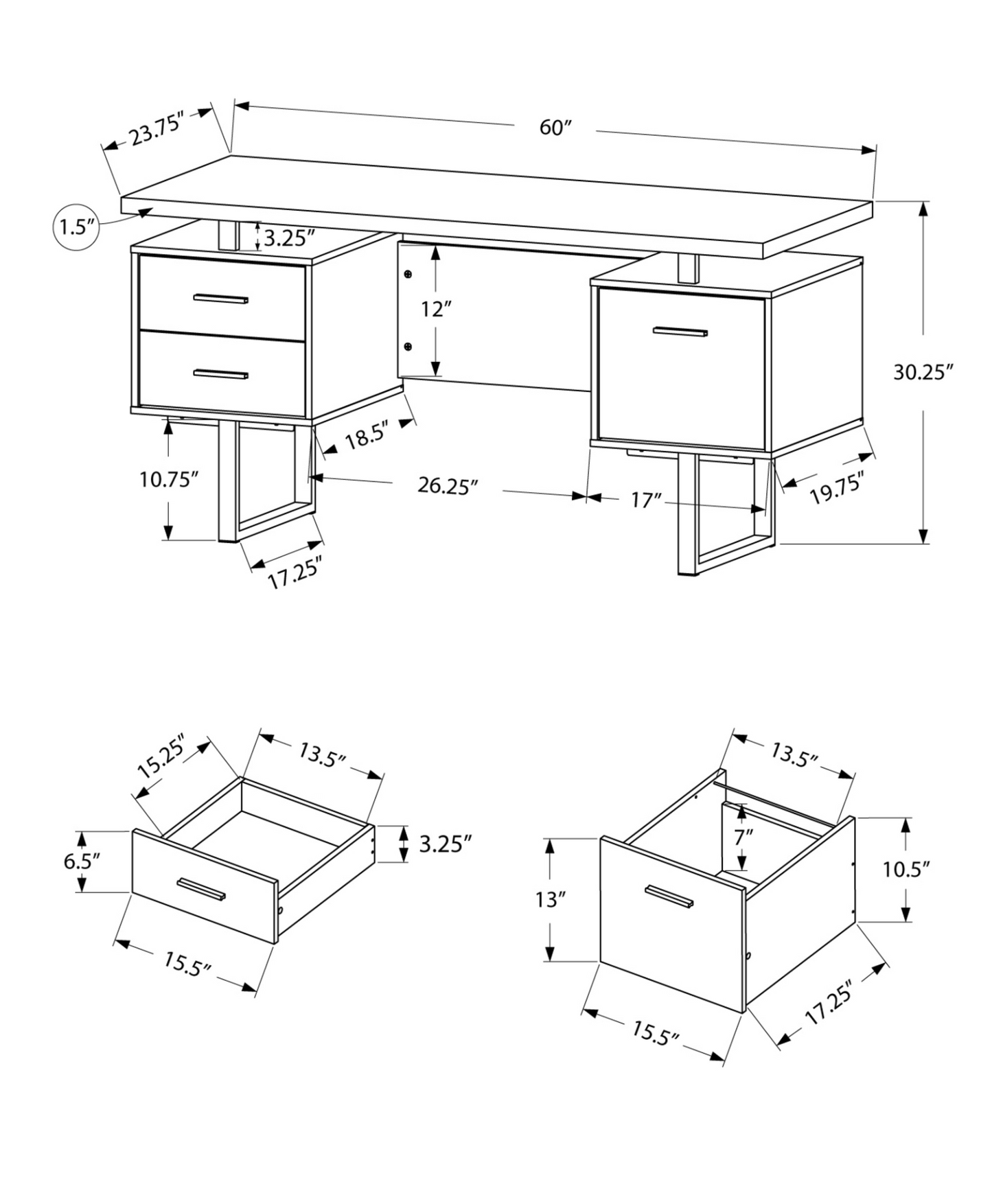 "24"" White Rectangular Computer Desk With Three Drawers"