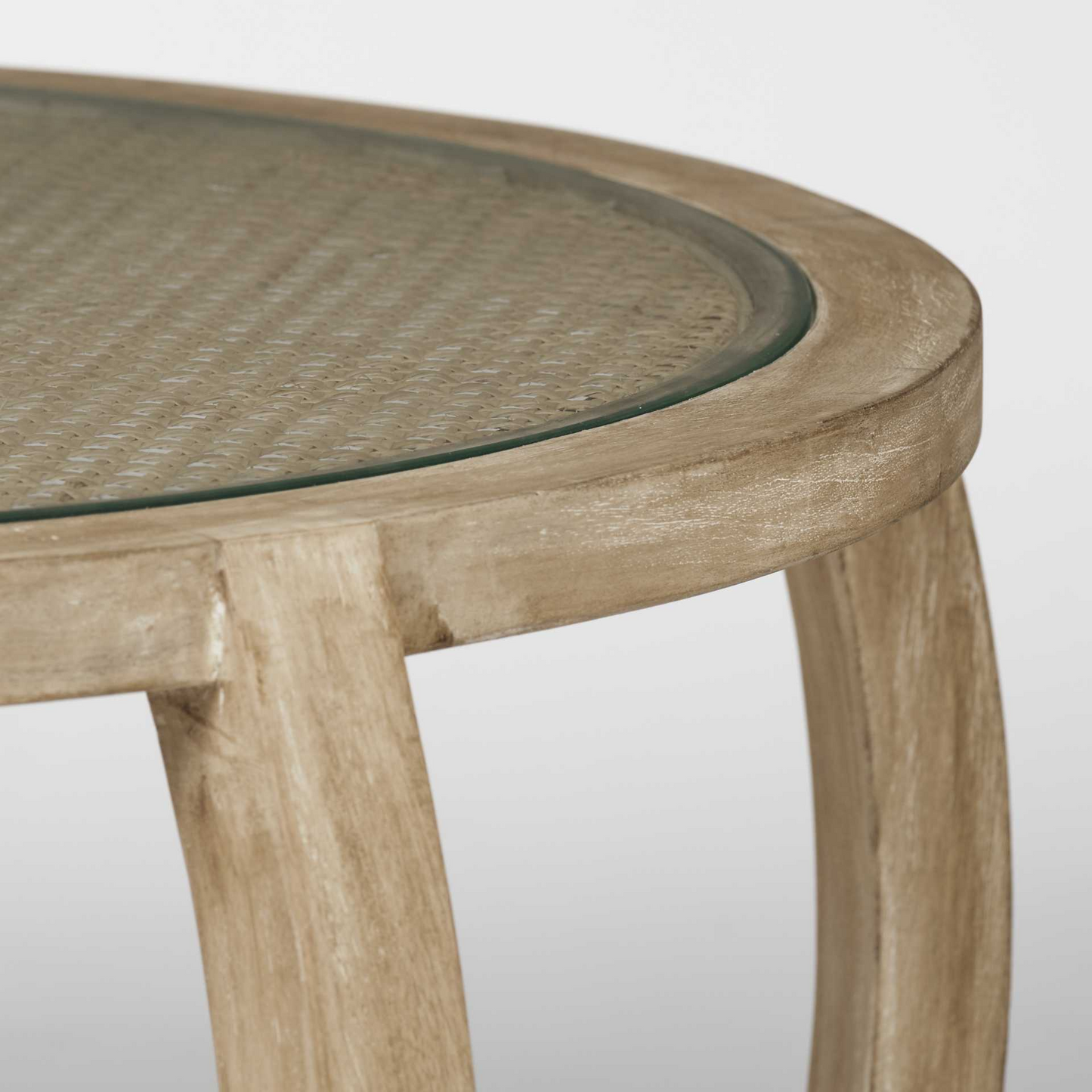"S2 41.5"" Round Woven Cane Glass Top And Solid Wood Coffee Tables"