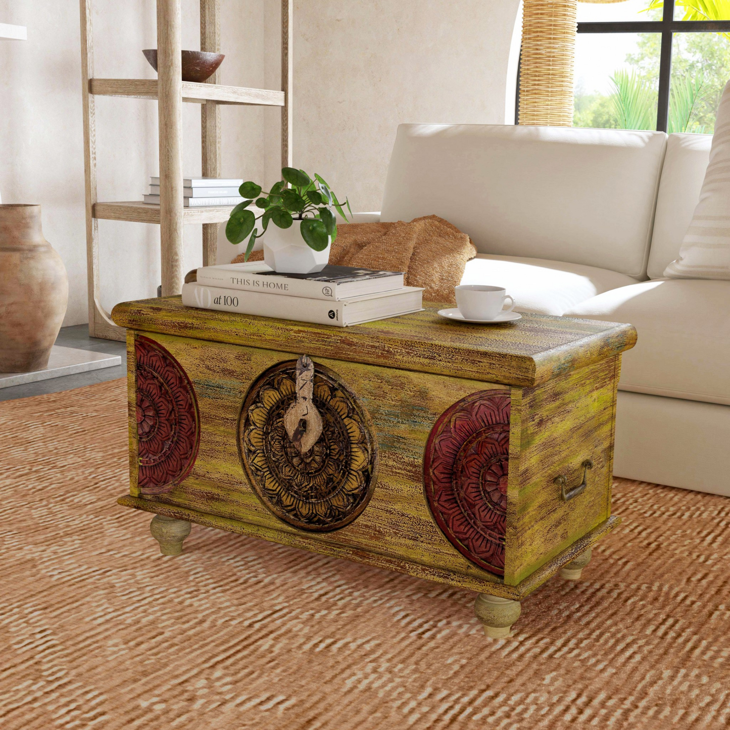 "Mesa Carved Wooden Trunk Coffee Table"