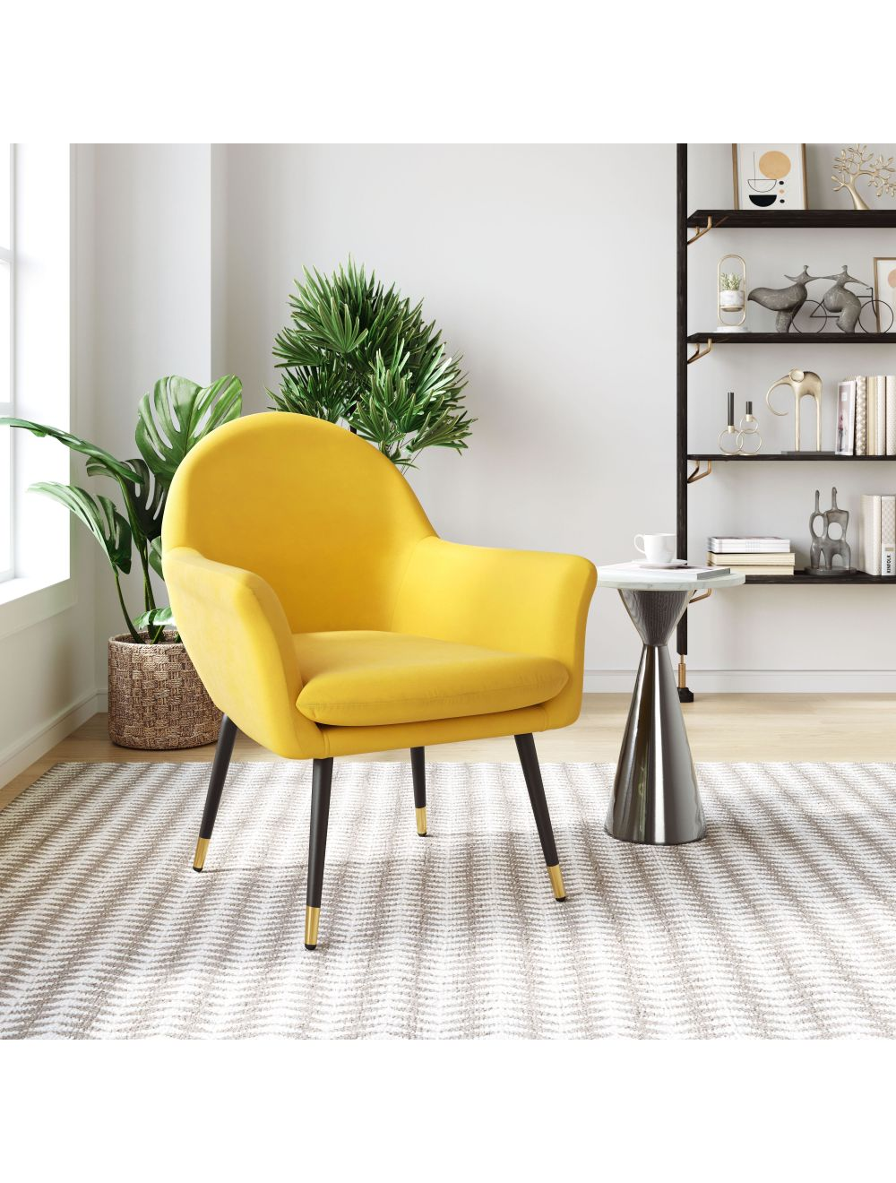 "30"" Yellow And Gold Velvet Arm Chair"