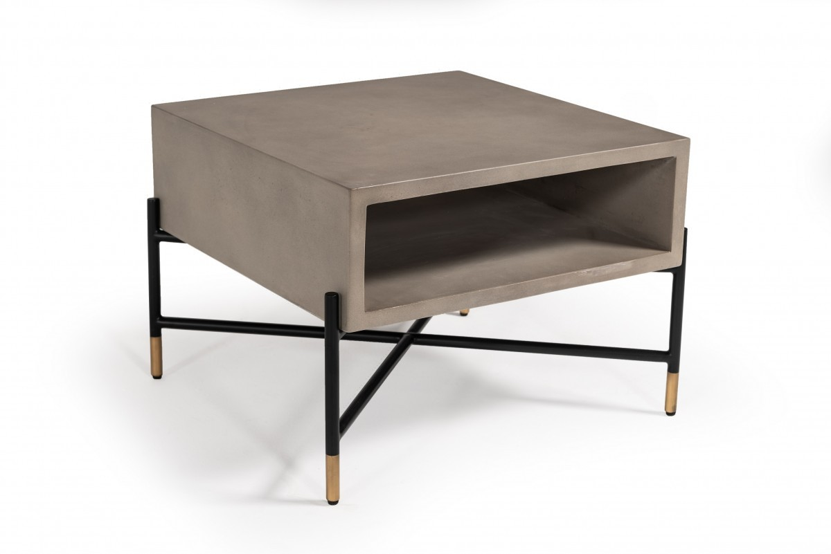 "Modern Gray Concrete and Black Metal Coffee Table"