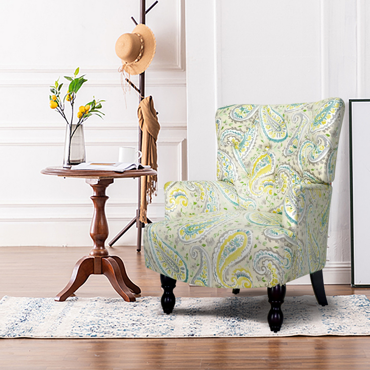 "28"" Aqua Lemongrass And Brown Polyester Blend Paisley Arm Chair"