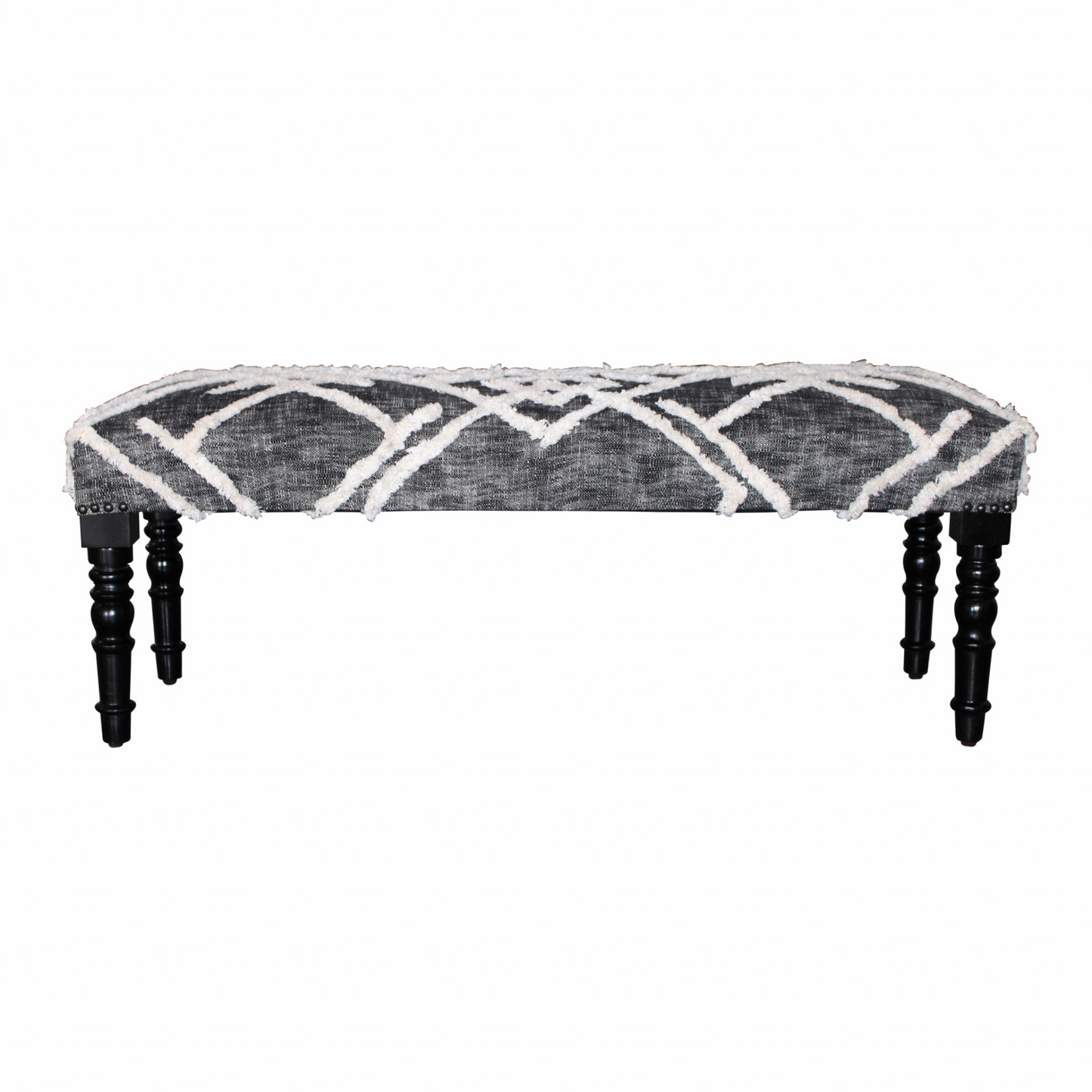 "47"" Gray And White Geometric Cotton Upholstered Distressed Bench"