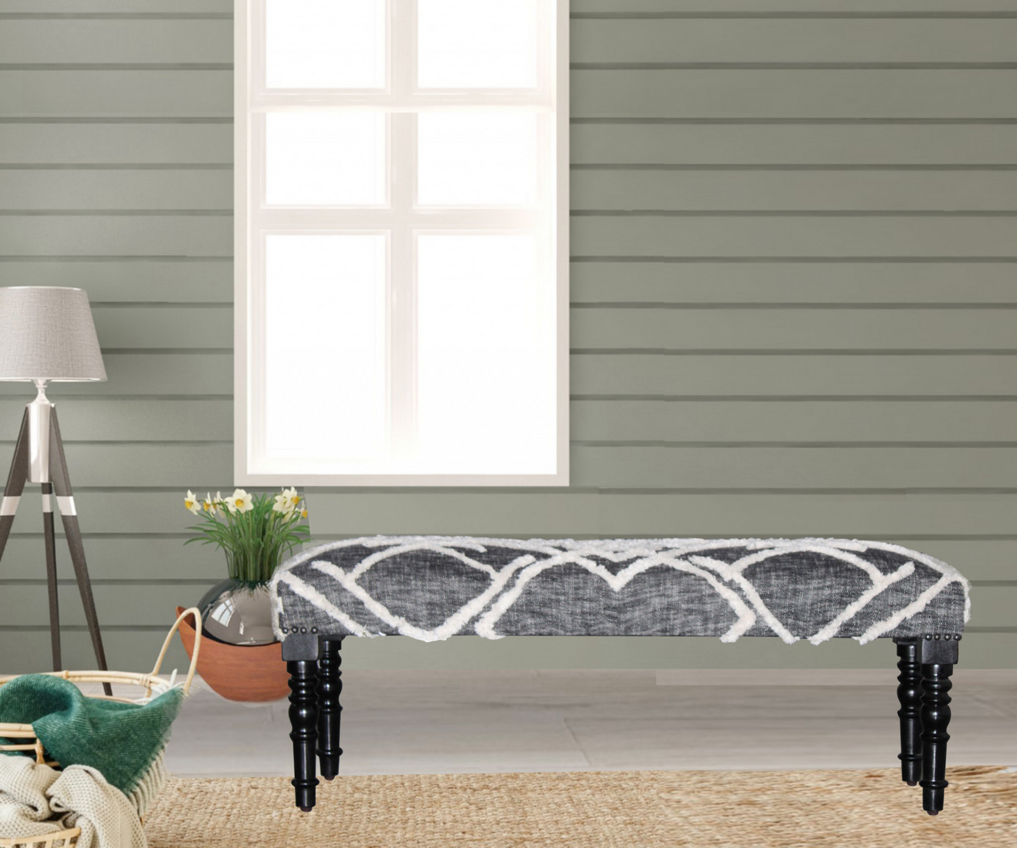 "47"" Gray And White Geometric Cotton Upholstered Distressed Bench"