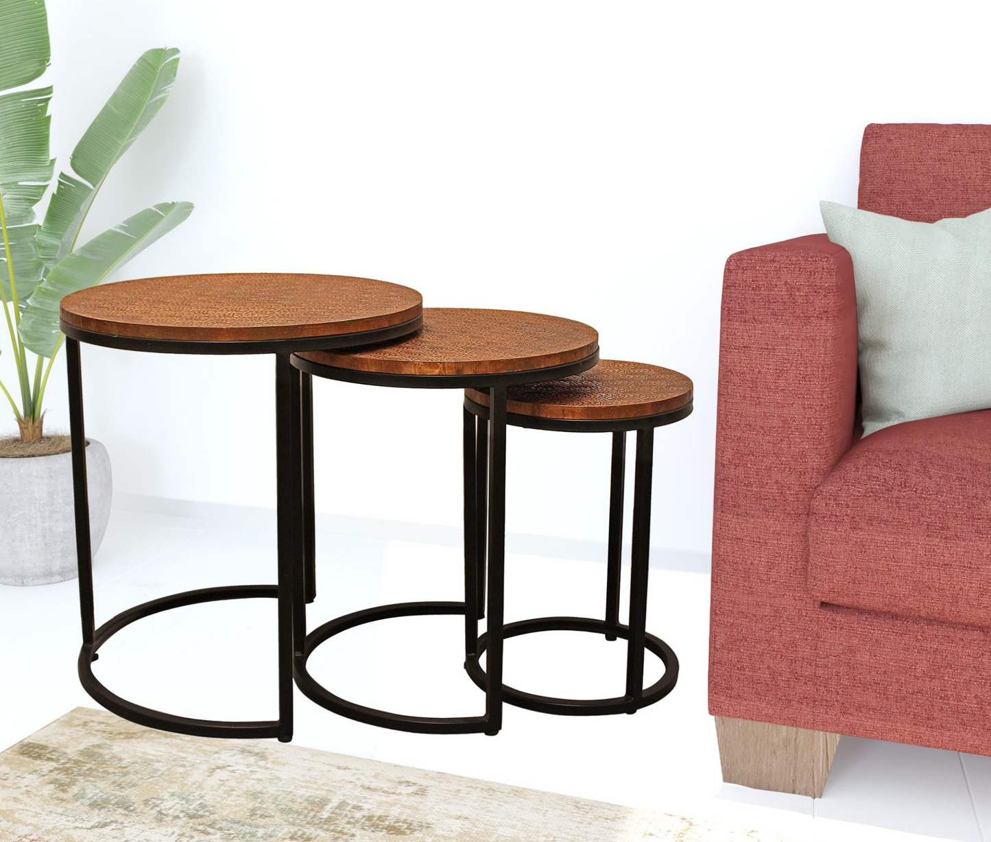 "Set Of Three 19"" Black And Copper Round Nested Tables"