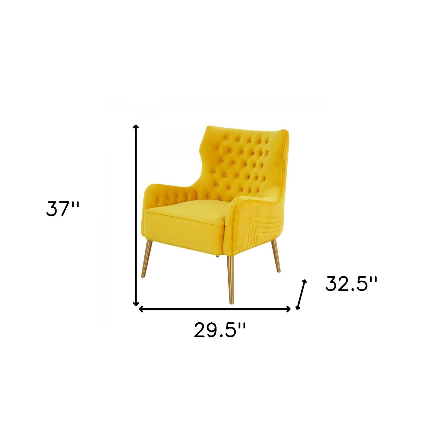 "30"" Yellow Velvet And Gold Solid Color Arm Chair"