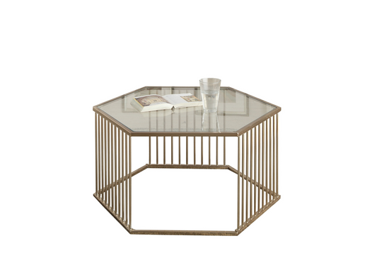 "34"" Champagne And Clear Glass And Metal Hexagon Coffee Table"