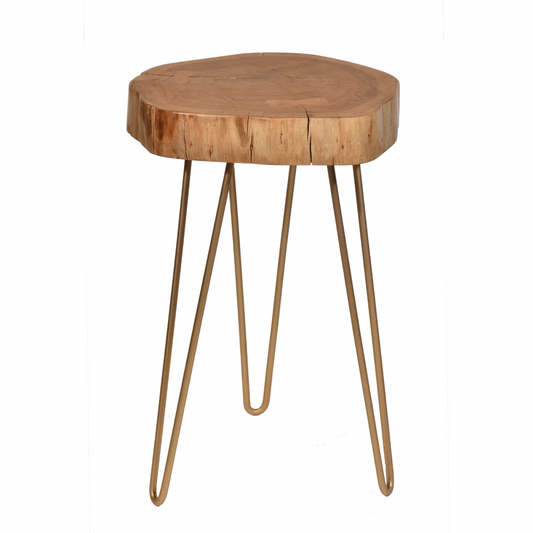 "26"" Gold And Natural Solid Wood Round End Table"