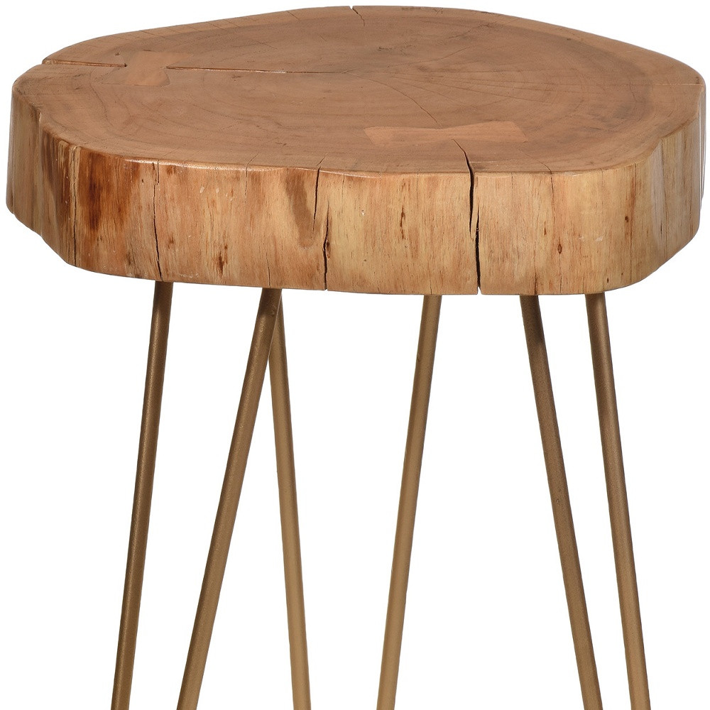 "26"" Gold And Natural Solid Wood Round End Table"