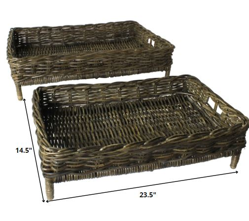 "Set of Two Brown Rattan Trays"