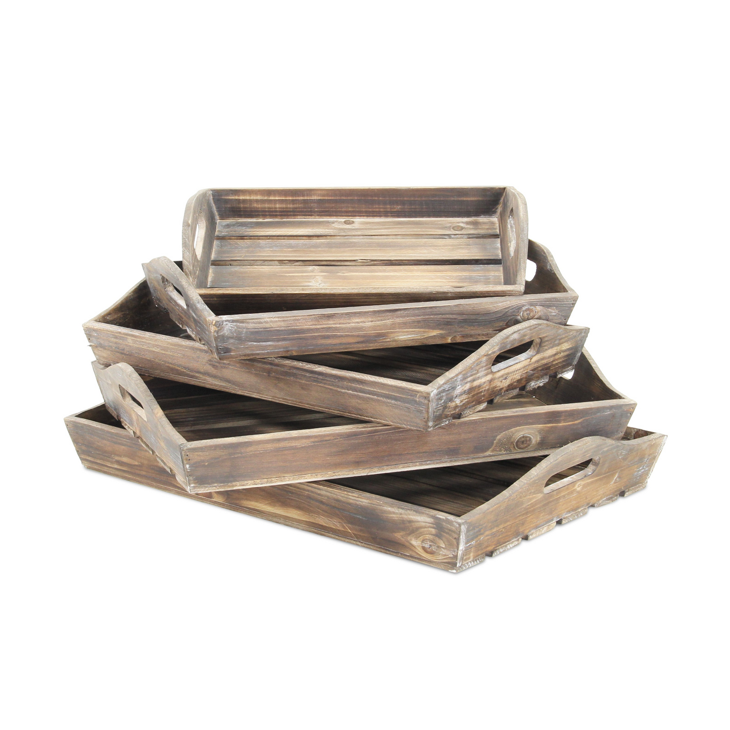 "Set Of 5 Rustic Natural Brown Wood Handmade Trays With Handles"